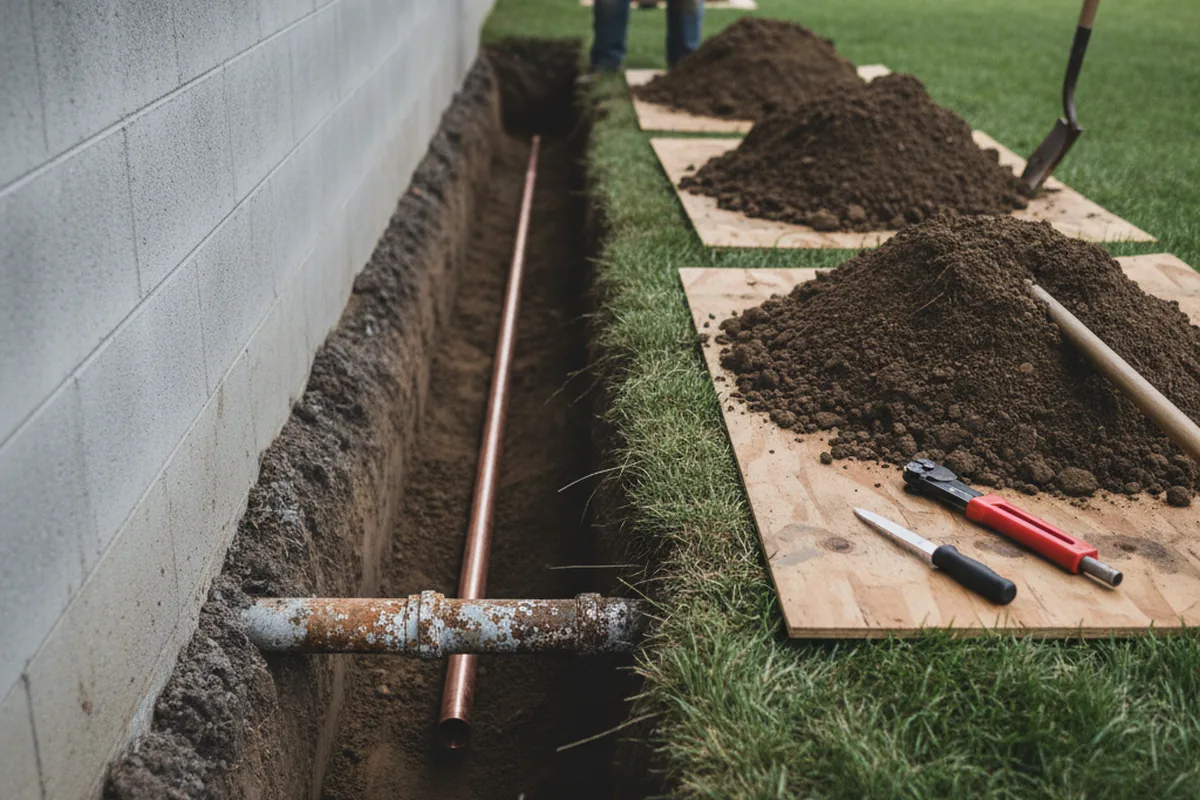 Excavated water line trench during Water Softener Installation in Jonas Ridge
